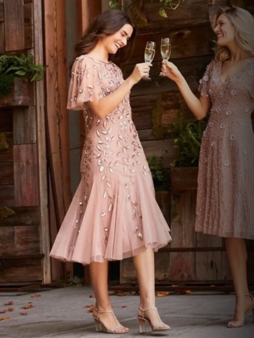 Adrianna Papell Beaded Sequin Mesh Midi Dress Rose Gold Flutter‎ Sleeve Size 2